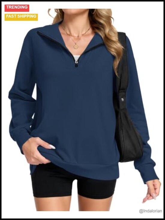 Tops - Quarter Zip Oversized Sweatshirt with Pockets Women Long Sleeve Half Zip